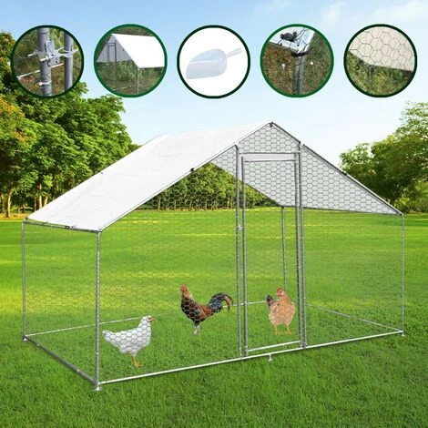 MONSTER SHOP Enclos Poulailler Extérieur 3mx2mx2m Volière Acier Galvanisé Volaille Cage Animal Chien Lapin Canard Bâche Toit - Argent – Image 2