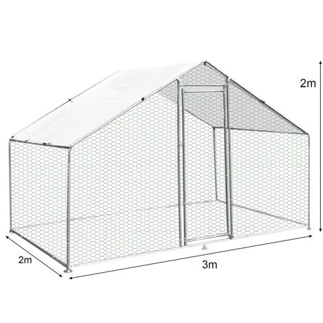 MONSTER SHOP Enclos Poulailler Extérieur 3mx2mx2m Volière Acier Galvanisé Volaille Cage Animal Chien Lapin Canard Bâche Toit - Argent – Image 3