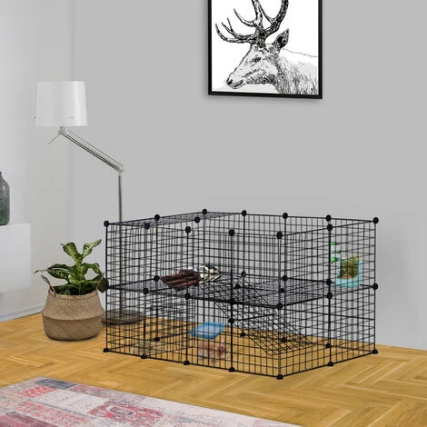 PawHut Cage Parc Enclos Pour Animaux Domestiques L 146 X L 73 X H 73 Cm Modulable 2 Niveaux 36 Panneaux Bords Arrondis Fil Métallique Noir - Noir – Image 2
