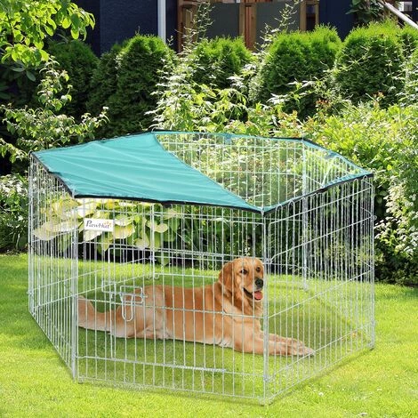 PawHut Parc Enclos Modulable Acier 6 Panneaux Et 1 Porte Pour Chiens Ø 120 X 60 Cm Gris Métal Vert – Image 2