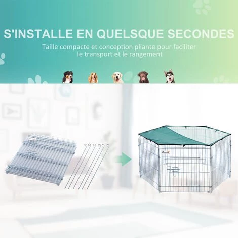 PawHut Parc Enclos Modulable Acier 6 Panneaux Et 1 Porte Pour Chiens Ø 120 X 60 Cm Gris Métal Vert – Image 4