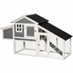 PawHut Poulailler Cottage Cage à Poules Surélevé Dim. 176L X 65l X 100H Cm Multi-équipement Toit Bitumé Noir Bois Sapin Gris Blanc - Gris