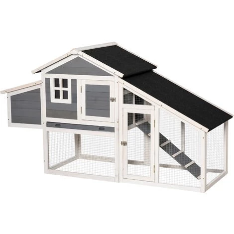 PawHut Poulailler Cottage Cage à Poules Surélevé Dim. 176L X 65l X 100H Cm Multi-équipement Toit Bitumé Noir Bois Sapin Gris Blanc - Gris