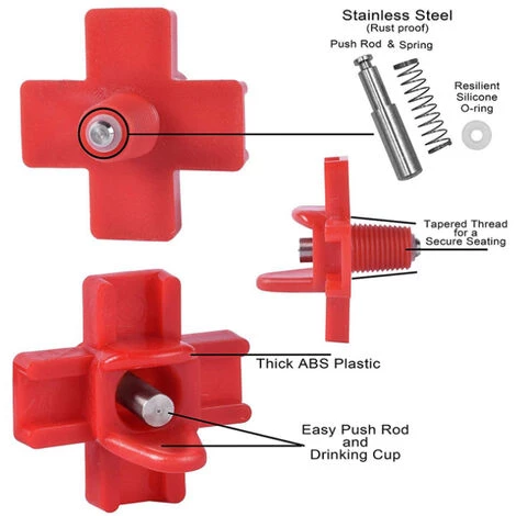 Buveurs D'Eau De Poulet En Plastique Et Acier Inoxydable 304 Abreuvoir Automatique Pour Tétine De Poulet En Rouge 32,5 X 34mm Distributeur Abreuvoir Équipement Pour Poulet Oie OiseauTriomphe 10 Pièces â Image 2