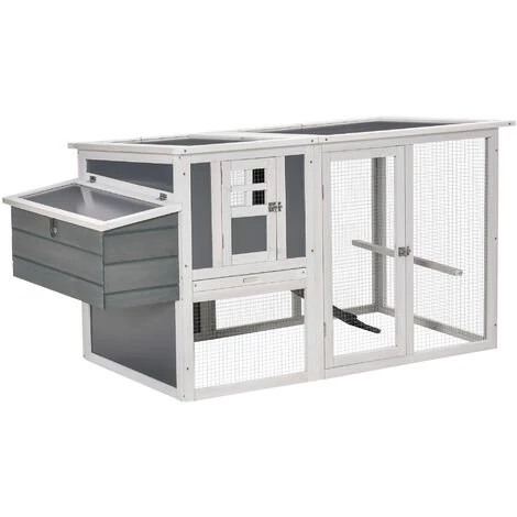 PawHut Poulailler Cottage Cage à Poules Sur Pied Dim. 162L X 76l X 79H Cm Multi-équipement Toit Polycarbonate Bois Sapin Blanc Gris - Gris