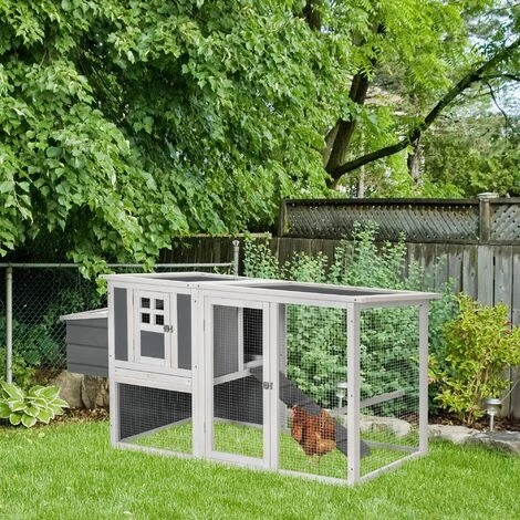 PawHut Poulailler Cottage Cage à Poules Sur Pied Dim. 162L X 76l X 79H Cm Multi-équipement Toit Polycarbonate Bois Sapin Blanc Gris - Gris – Image 2