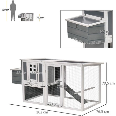 PawHut Poulailler Cottage Cage à Poules Sur Pied Dim. 162L X 76l X 79H Cm Multi-équipement Toit Polycarbonate Bois Sapin Blanc Gris - Gris – Image 3