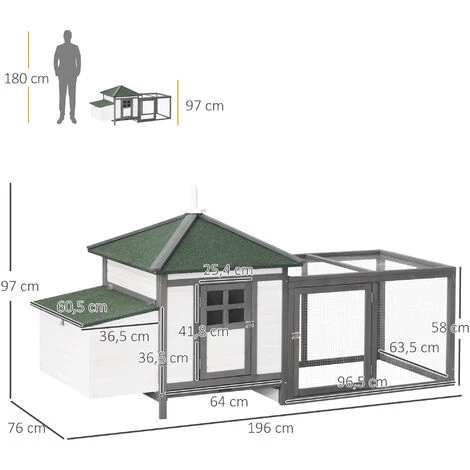 PawHut Poulailler Cottage Multi-équipement Perchoir Rampe Pondoir Enclos Tiroir à Déjection 196L X 76l X 97H Cm Bois Massif Pin Gris Blanc – Image 3